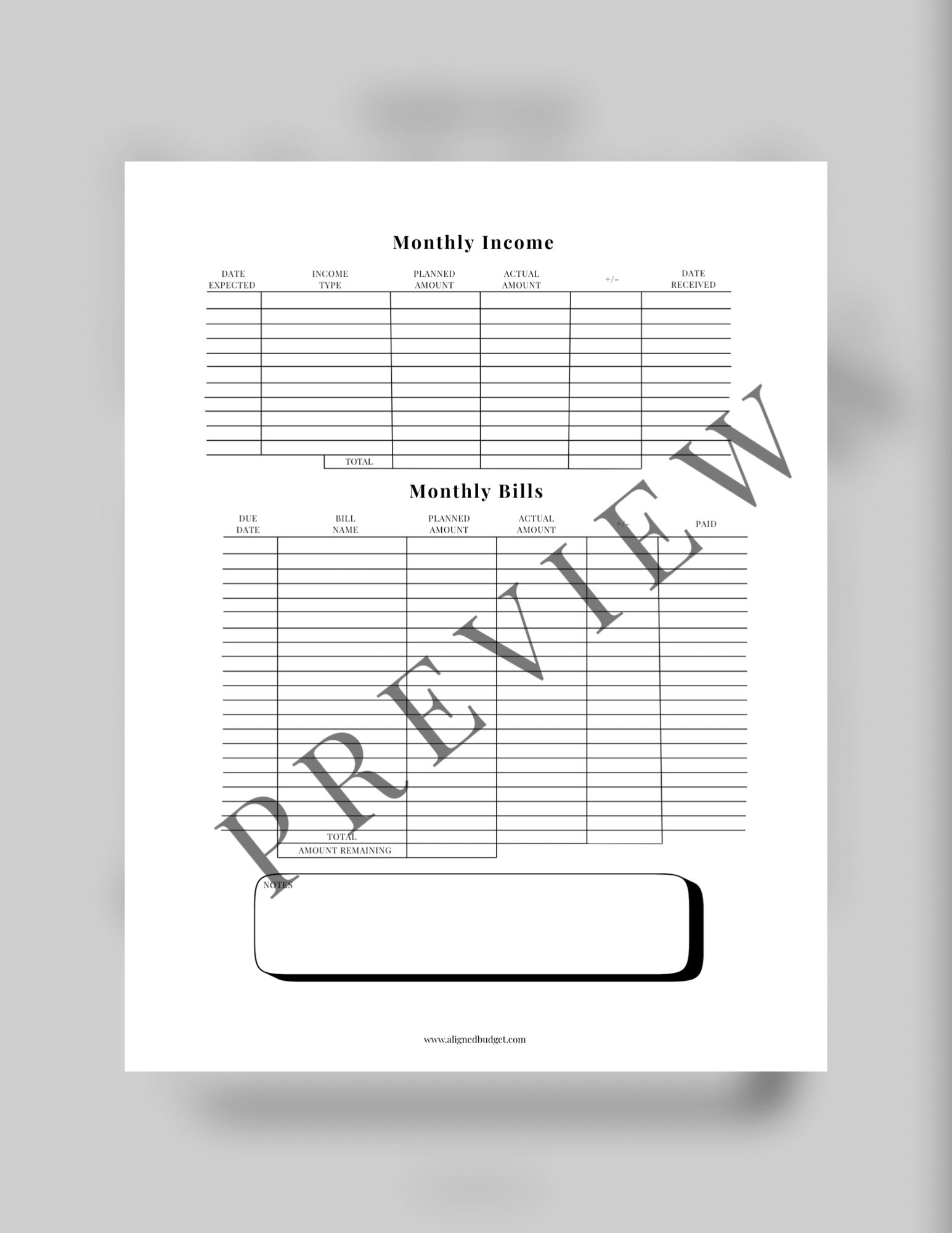 Monthly Income/Bill Sheet