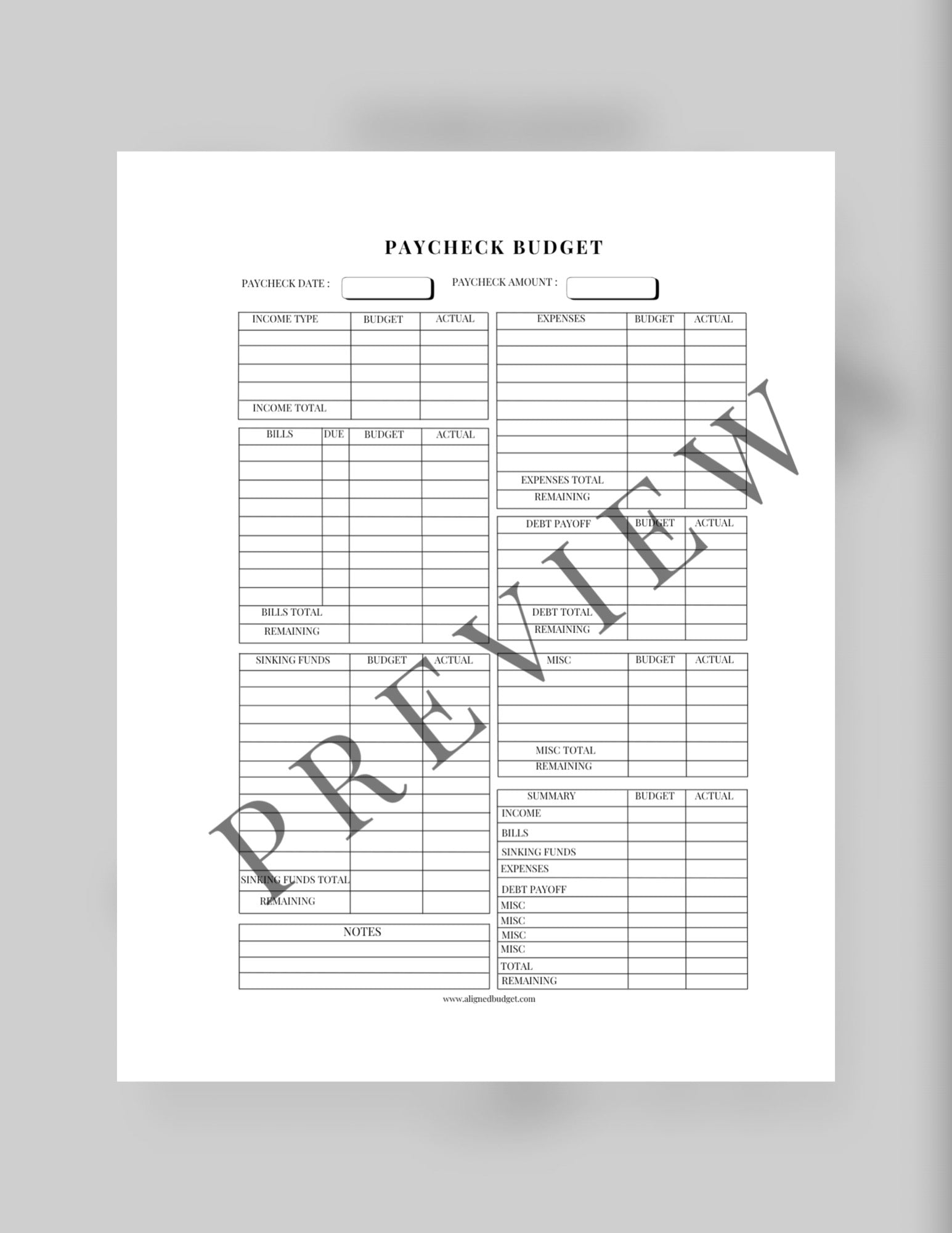 Paycheck Budget Sheet